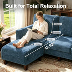 L Shaped Sectional Couch for Living Room, Modular Small Sofa with Ottoman | 96 Inch, 3 Deep Seats, Blue, Chenille, Easy Tool-Free Assembly, Modern Compact Sofa Set for Apartment, Office, Small Space