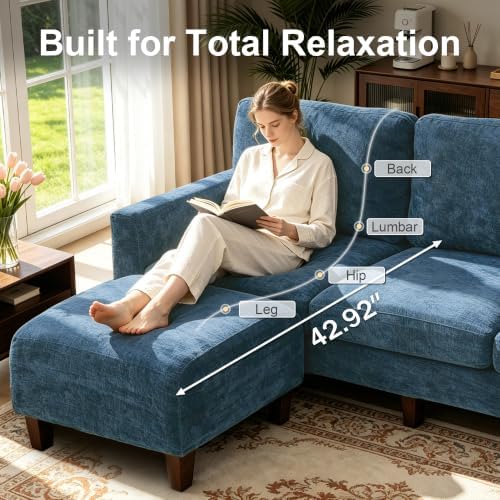 L Shaped Sectional Couch for Living Room, Modular Small Sofa with Ottoman | 96 Inch, 3 Deep Seats, Blue, Chenille, Easy Tool-Free Assembly, Modern Compact Sofa Set for Apartment, Office, Small Space
