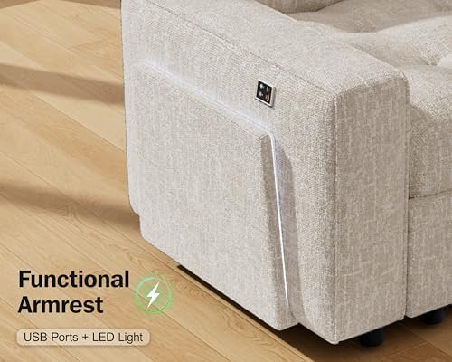 Vipbear 7 Seat L Shaped Modular Sectional Sleeper Sofa Bed with Ottoman/Pull Out Bed/Reclining Backrest/USB Ports/Table/LED Light/Storage Seat, Tool-Free Assembly, Chenille Beige
