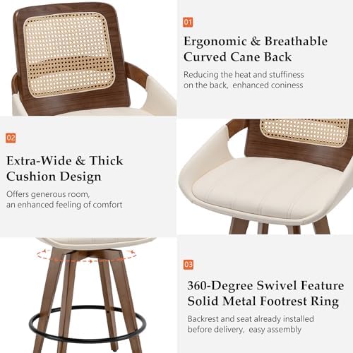 Mid Century Modern Counter Stools, Rattan Swivel Counter Stools with Back | Natural Bentwood Frame, Rattan Back, Walnut Finish, Faux Leather Upholstered Seat, Counter Chairs for Island, Kitchen, Cafe
