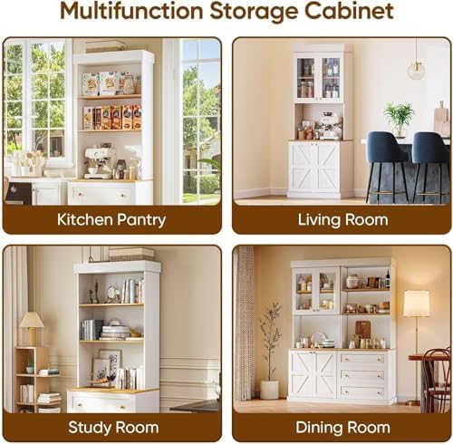 71" White Farmhouse Kitchen Pantry Cabinet Set of 4— Freestanding Coffee Bar with Glass Doors or Drawers, Microwave Stand, Large Storage Hutch with Adjustable Shelves for Kitchen, Living Room