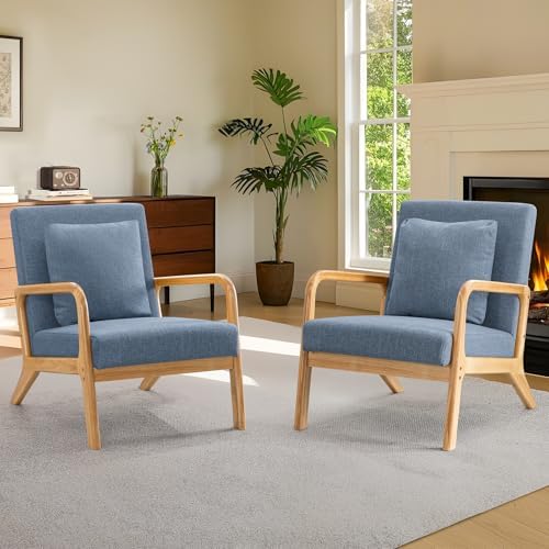 ELUCHANG Mid-Century Modern Accent Chair with Lumbar Pillow,Upholstered Armchair,Linen Fabric Comfy Reading Lounge Side Chair for Living Room Bedroom Apartment,Easy Assembly