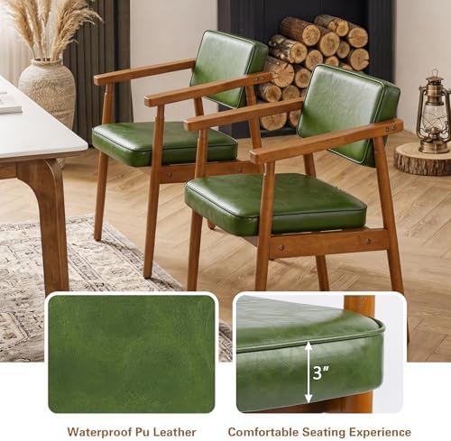 LSSPAID Mid Century Dining Chairs with Wooden Handrail, Pu Upholstered Armchair Comfy Backrest Modern Kitchen Chairs for Bedroom Living Room Dining Room, Green, Set of 1