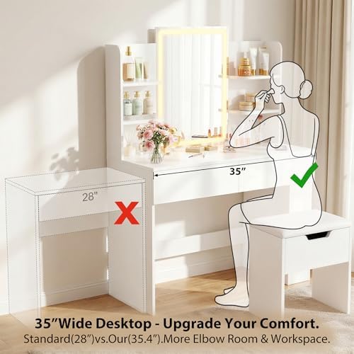 Furmax Vanity Desk with Mirror and LED Lights, White with Bench | Makeup Vanity Table with 3 Lighting Color, Adjustable Brightness, Vanity Table with 2 Drawers, Side Storage, for Bedroom