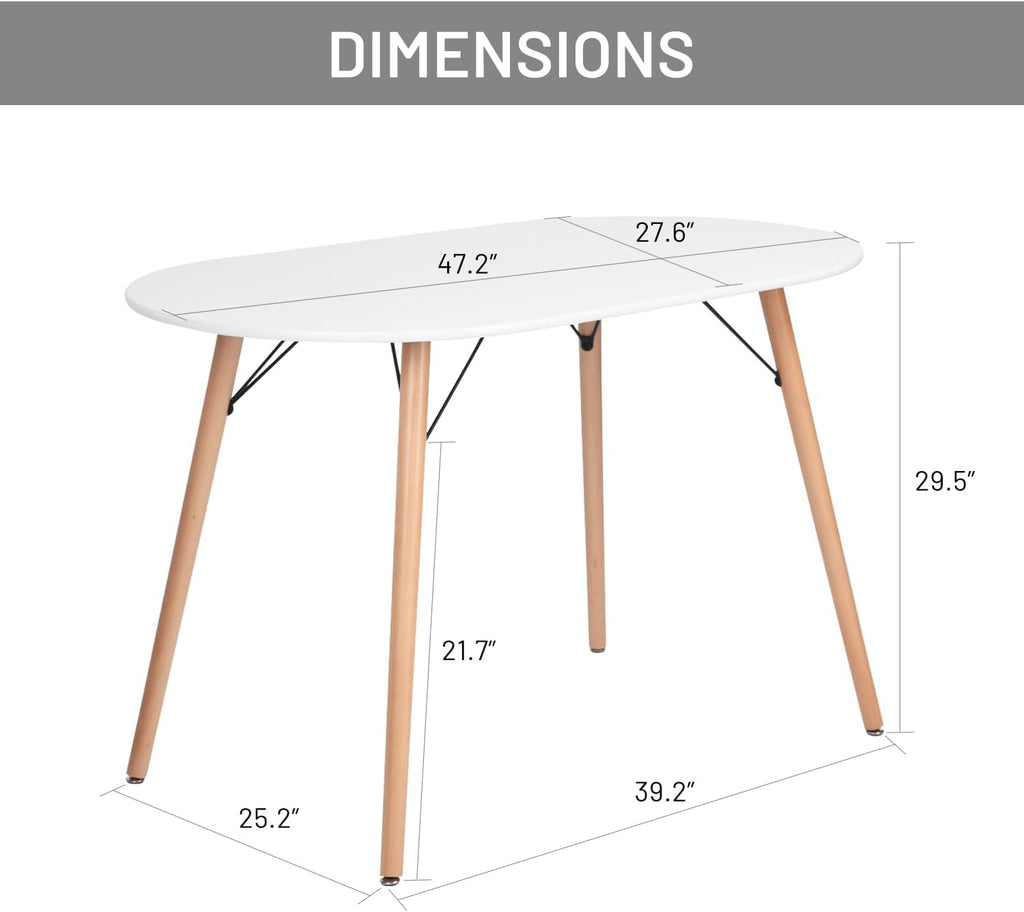 FurnitureR Dining Table Oval 47.2 Inch for 4-6 Person, Stylish Leisure Table Functional Table with Wooden Legs for Home Kitchen, Cafés, Small Places, White