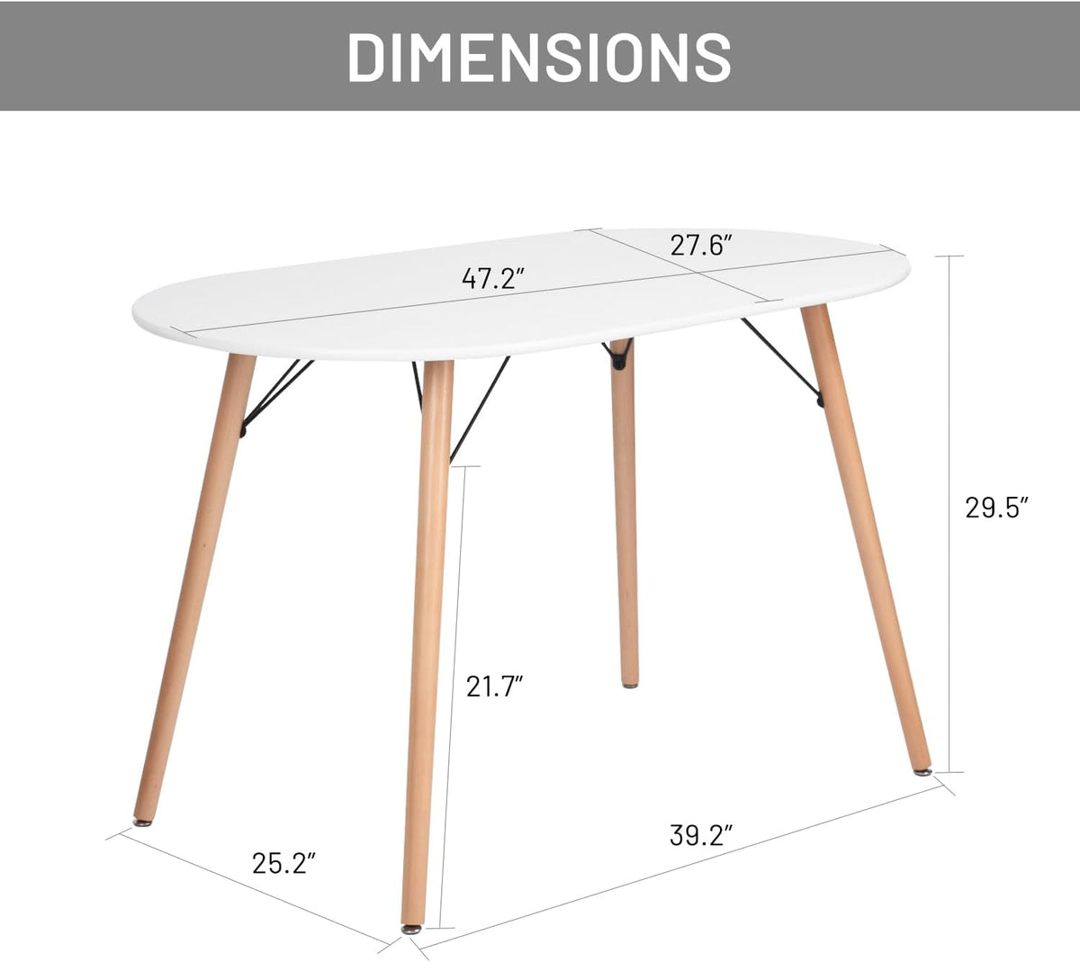 FurnitureR Dining Table Oval 47.2 Inch for 4-6 Person, Stylish Leisure Table Functional Table with Wooden Legs for Home Kitchen, Cafés, Small Places, White