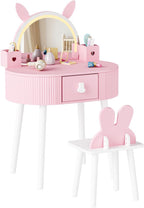 JOYMOR Kids Vanity with Lights, Girls Vanity Set w/Touch Screen 3 Colors Adjustment, Solid Wood Leg, 1 Drawer, 2 Storage Boxes, Kids Vanity Table and Chair Set (Pink)