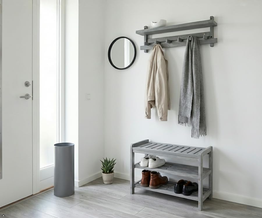27-Inch Wooden Shoe Bench for Entryway, 3-Tier Storage Organizer, Rustic Shoe Rack Bench for Narrow Spaces, Brush Grey
