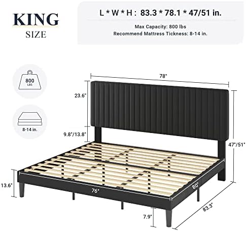Allewie King Platform Bed Frame, Velvet Upholstered with Adjustable Vertical Channel Tufted Headboard, Mattress Foundation with Strong Wooden Slats, Box Spring Optional, Easy Assembly, Black
