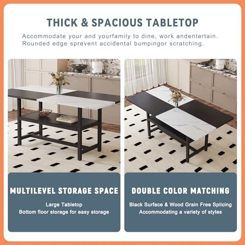 71" Dinner Table Set for 6, Modern Dining Table Set for 6, Black and White Splicing Tabletop with Storage Shelf, White Faux Marble Dining Table and 6 Black Upholstered Chairs for Kitchen, Dining Room