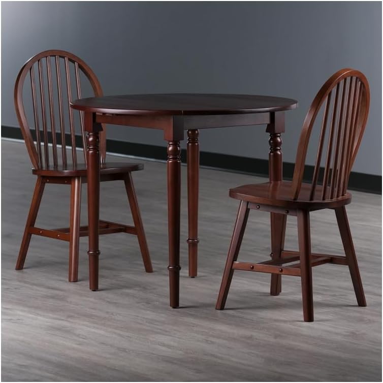 HomeStock Rustic Retreat 3 Piecec Drop Leaf Solid Wood Round Dining Table with Rustic Retreat Chairs - 35.98W x 35.98D x 30.08H Walnut