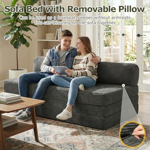 5-in-1 Convertible Sofa Bed, Loveseat, Tri-fold Futon Sofa Bed with Removable Cushions & Washable Cover, Pull Out Couch with Handle, for Small Spaces, Queen Size, Grey