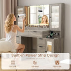 Fluted Vanity Desk with Mirror & Lights | 8 Drawers & 4 Cabinets, Tempered Glass Top, RGB Cabinet Lighting, 3-Color Dimmable Mirror, Charging Station