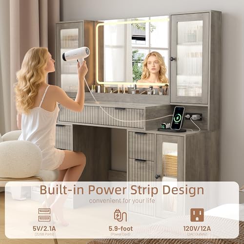 Fluted Vanity Desk with Mirror & Lights | 8 Drawers & 4 Cabinets, Tempered Glass Top, RGB Cabinet Lighting, 3-Color Dimmable Mirror, Charging Station
