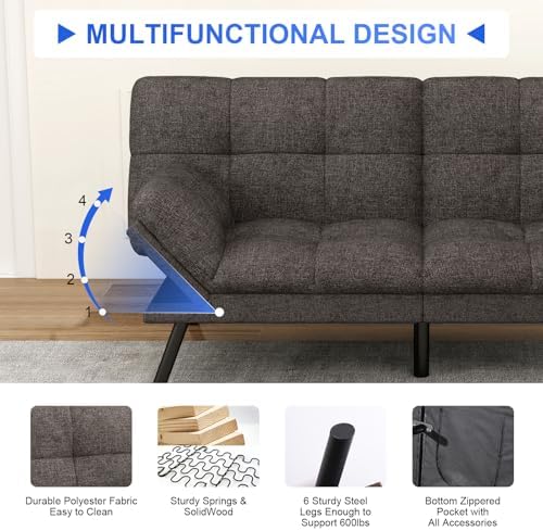 Vipbear 71" Futon Sofa Bed - Convertible Sofa Beds/Adjustable Backrest & Armrest,Detachable Cushion, Loveseat Sleeper for Small Spaces, Apartments & Offices, Grey Futons