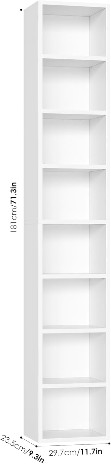 FOTOSOK White Bookshelf 8-Tier Narrow Bookshelf, 11.6 X 9.3 X 70.9 Tall CD DVD Media Tower Rack with 4 Adjustable Shelves, Tall Narrow Bookcase Slim Display Bookshelf with Cube Storage for Home Office