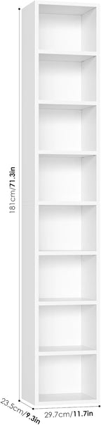 FOTOSOK White Bookshelf 8-Tier Narrow Bookshelf, 11.6 X 9.3 X 70.9 Tall CD DVD Media Tower Rack with 4 Adjustable Shelves, Tall Narrow Bookcase Slim Display Bookshelf with Cube Storage for Home Office