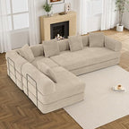 DAMAIFROM Convertible Sleeper Sofa Bed Floor Couch, Light Brown | 158" Corduroy Modular Compressed Futon Sofa Bed, Pull-Out Cloud Sectional Couch with Memory Foam Mattress for Living Room