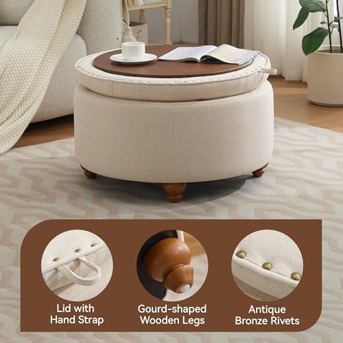 WUTUTUEE 30Inch Round Storage Ottoman with Tray, Modern Tufted Fabric Circle Coffee Table with Storage, Upholstered Ottoman with Removable Top for Living Room, Bedroom, Khaki