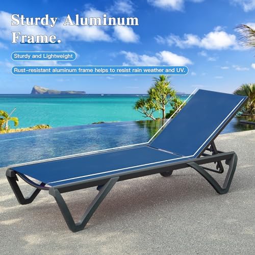 Domi Aluminum Pool Lounge Chair Outdoor Set of 2 Chaise Lounge Outdoor | Wheels, Adjustable, Textilene, Navy Blue, All Weather, Poolside, Backyard, Patio, Deck, Outside