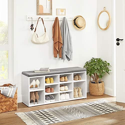 VASAGLE Shoe Bench with Cushion, 10 Compartments, 11.8 x 40.9 x 18.9 Inches | Entryway Storage Bench with Padded Seat, for Bedroom, Cloud White and Dove Gray, CUSTOS Collection ULHS10WT