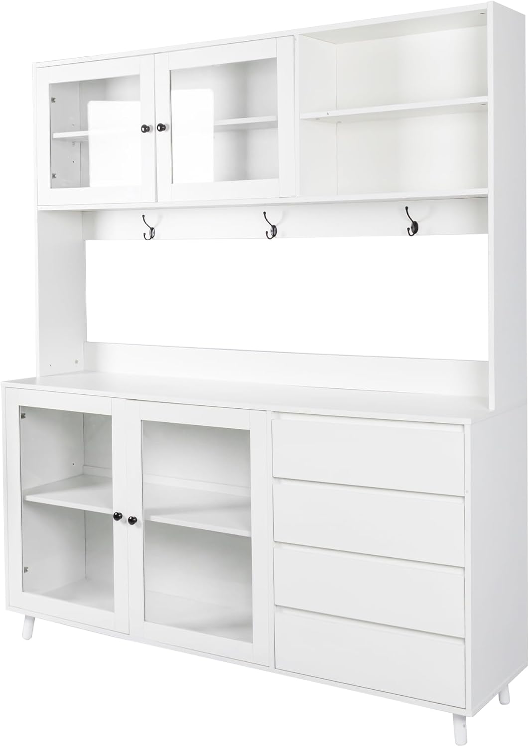 Large Freestanding Hutch Cabinet, Tall Pantry Storage with 4 Doors, 4 Drawers and Microwave Shelf, White Standing Kitchen Cupboard for Dining Room and Kitchen Organization (White)