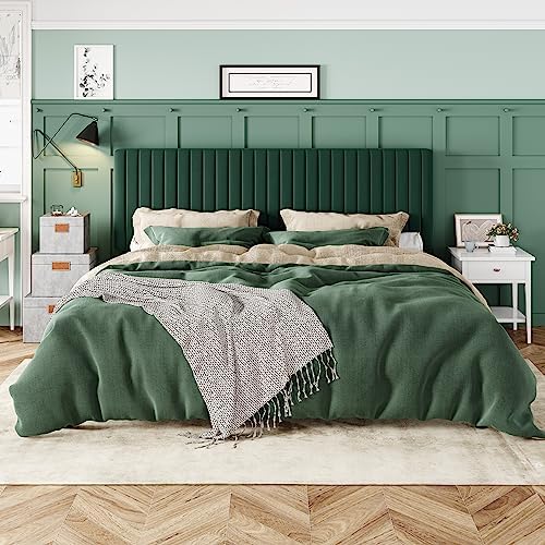 Allewie King Bed Frame, Velvet Upholstered Platform Bed with Adjustable Vertical Channel Tufted Headboard, Mattress Foundation with Strong Wooden Slats, Box Spring Optional, Easy Assembly, Green