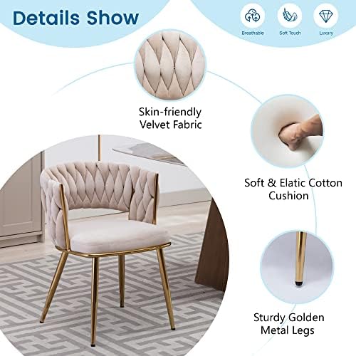 KCC Velvet Dining Chairs Set of 2,Woven Chairs with Metal Legs,Green | Modern Dining Chair with Metal Legs, Upholstered Dining Chairs for Dining Room, Kitchen, Vanity, Living Room