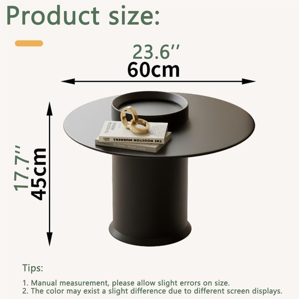 Modern Round Coffee Table with Tempered Glass Top, Small Metal Accent End Table with Tray Design for Living Room, Bedroom, or Office, 23.6''W* 17.7''H(White B)