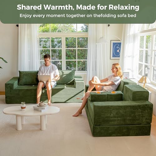 MAXYOYO Convertible Sofa Bed, 80" Oversized Loveseat Couch 4 in 1 Foldable Floor Sofa Couch in A Box with 2 Cup Holders, Folding Chair for Living Room, No Assembly Required, Green | Corded Green 4-in-1 Couch Converts Into a Floor Sofa