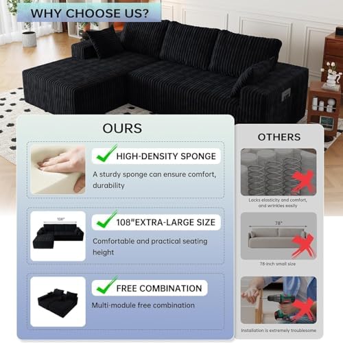 108" Modular Sectional Cloud Couch for Living Room Deep Seat L Shapes Couch with Oversized Chaise Lounge, Comfy Memory Foam Flannel Fabric Sofa for Bedroom Apartment, No Assembly Required