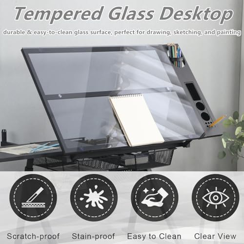 Drafting Table, Height Adjustable Art Tabe with Stool, Black | 0-75° Tilting Tempered Glass Tabletop Art Drawing Table with Compartments, Trays, Rack and Drawers for Sketching Painting