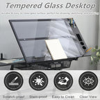 Drafting Table, Height Adjustable Art Tabe with Stool, Black | 0-75° Tilting Tempered Glass Tabletop Art Drawing Table with Compartments, Trays, Rack and Drawers for Sketching Painting