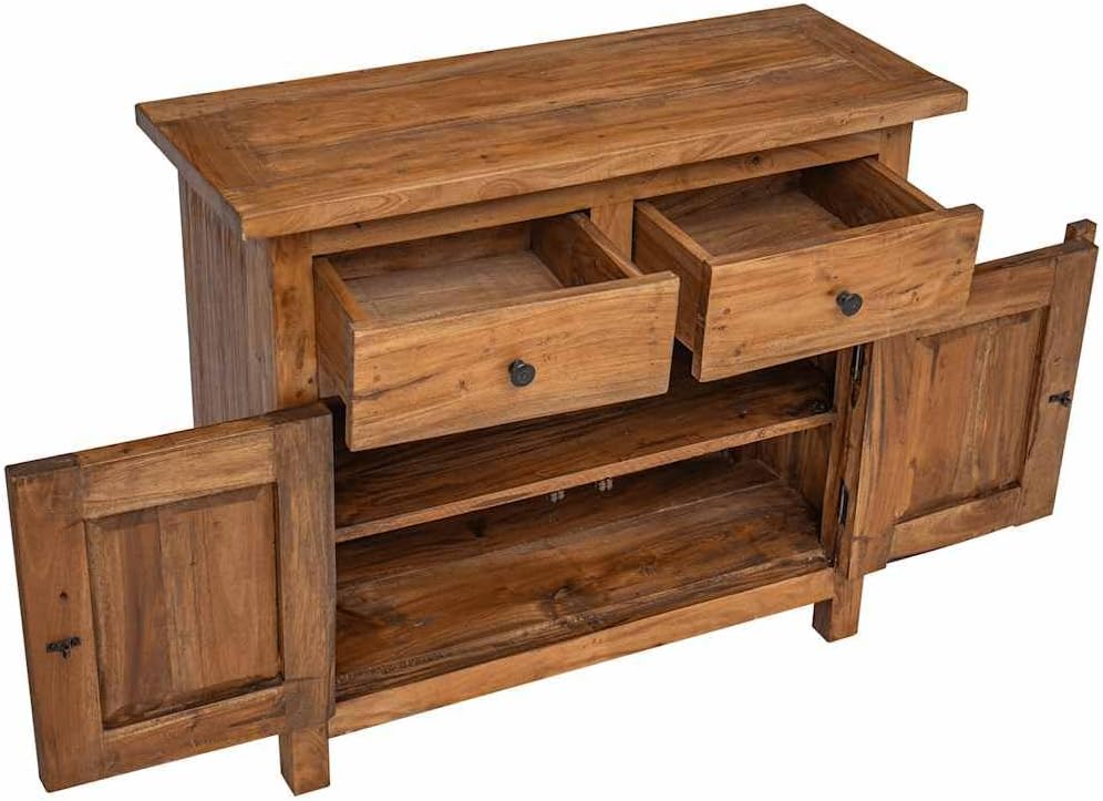 Vintage Solid Mahogany Wood Sideboard with Distressed Finish and Brass Knobs, Brown Medium Console for Dining Room Storage and Display, Sturdy Furniture Piece