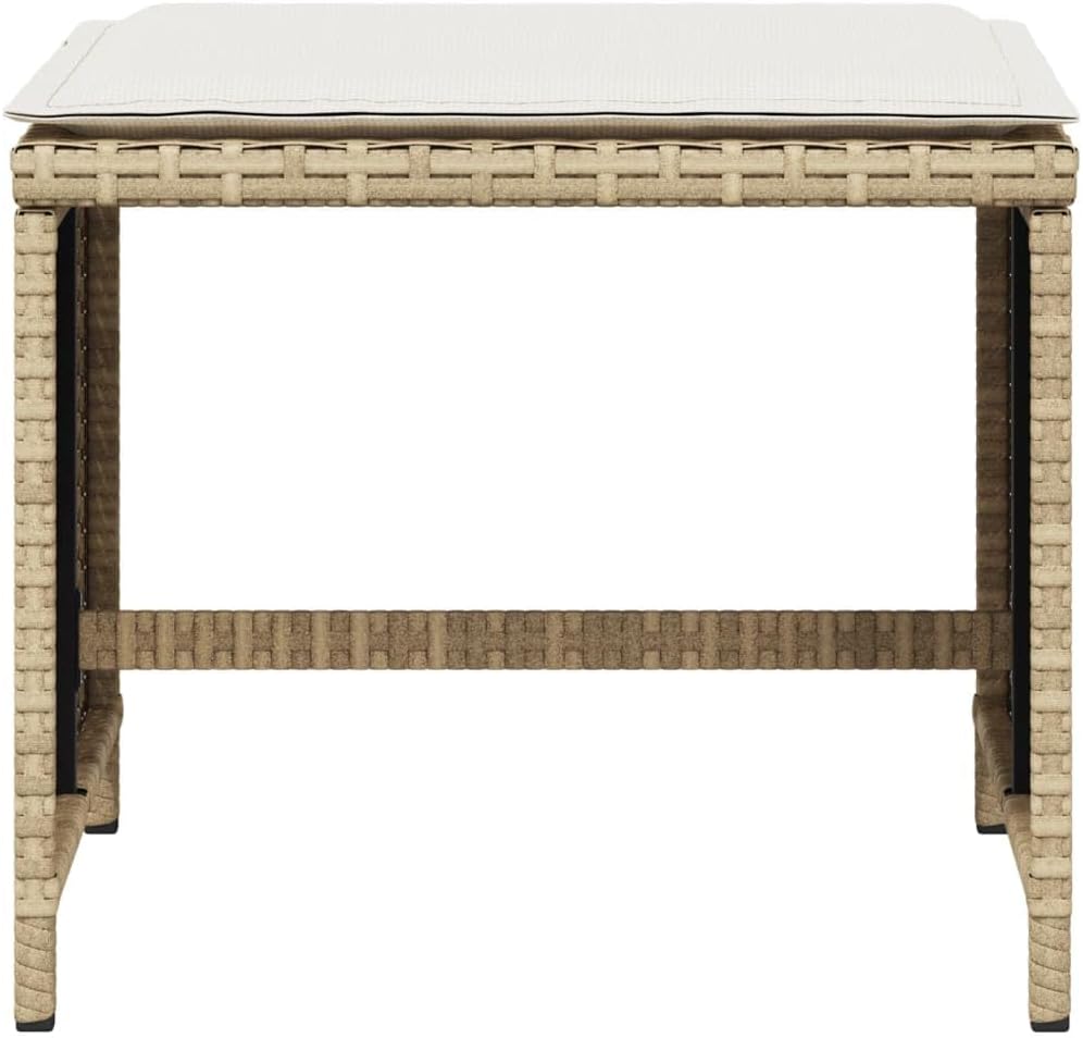 Weather Resistant Synthetic Rattan Patio Stool Set of 4 in Beige and Cream White, Compact Square Design 15.7x15.7x13.8 Inches for Outdoor Seating