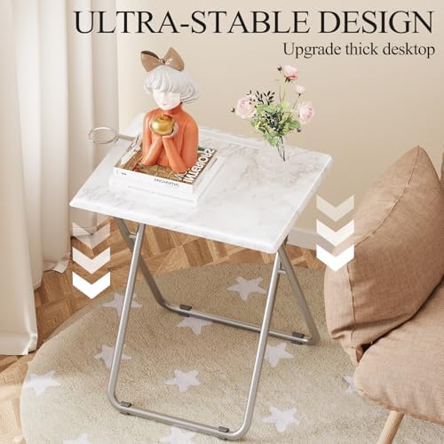TV Tray Table,Folding Table with Cup Holder Portable,Foldable Snack Tray for Eating,Small Folding Tables Set of 2,Dinner Tables for Couch, Living Room,Small Space (White Marble,2Pcs)