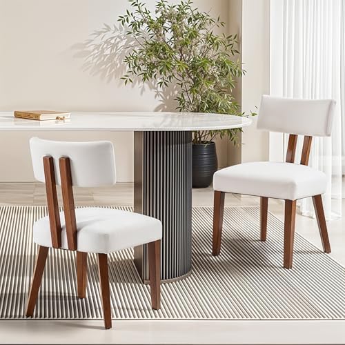 MOJAY Dining Chairs Set of 4, Mid Century Modern Kitchen Chair Linen Fabric Side Chairs with Curved Backrest for Kitchen, Dining Room, Restaurant, or Patio, Off-White
