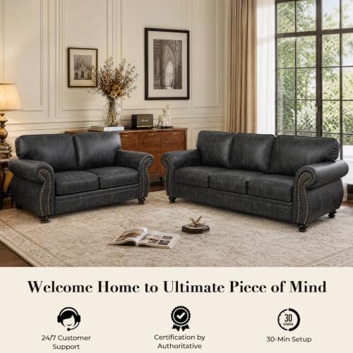 Couchus 88"W Living Room Furniture Sets, 3-Seater&Loveseat, Grey | Faux Leather Fabric Sofa and Couch Sets, Mid-Century Sofa Set with Nailhead Trim
