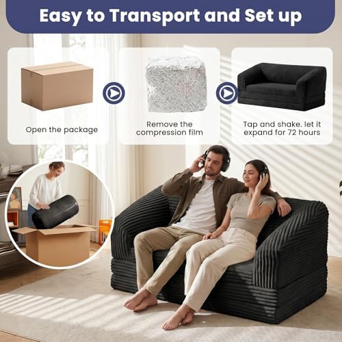 JUIKURY Convertible Sofa Bed, 3-in-1 Foldable Loveseat Couch with Armrest, Corduroy Floor Sofa & Sleeper Bed, No Assembly High-Density Foam Futon Mattress for Living Room, Small Apartment, Dorm
