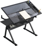 Drafting Table Desk, Painting Table Art Craft Desk Crafting Table with Tilting Tempered Glass Top, 2 Storage Drawers, Height Adjustable