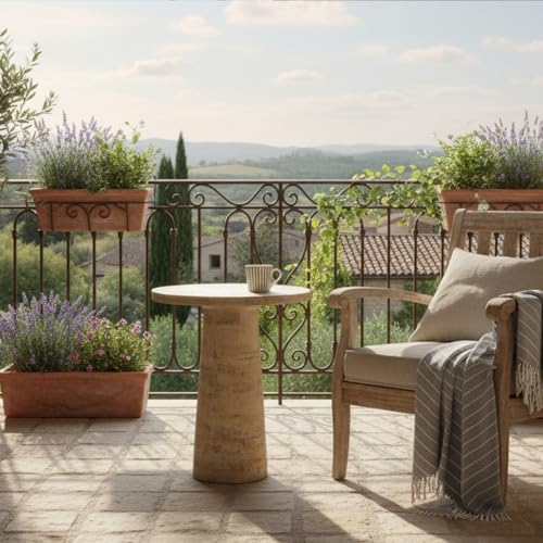 Faux Stone Side Table Round End Table Patio Small Drink Table for Small Spaces, Rustic Circle Pedestal End Tables Farmhouse Nightstand for Living Room Bedroom Corners Office Outdoor (Cream)