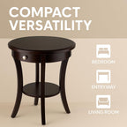 Casafoyer Wood Sasha Accent Table, 20" Round Top, 27" High, Solid Wood with Drawer & Shelf, Elegant Curved Design in Cappuccino Finish, Versatile for Living Room, Bedroom, or Entryway