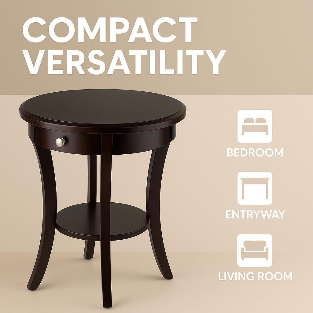 Casafoyer Wood Sasha Accent Table, 20" Round Top, 27" High, Solid Wood with Drawer & Shelf, Elegant Curved Design in Cappuccino Finish, Versatile for Living Room, Bedroom, or Entryway