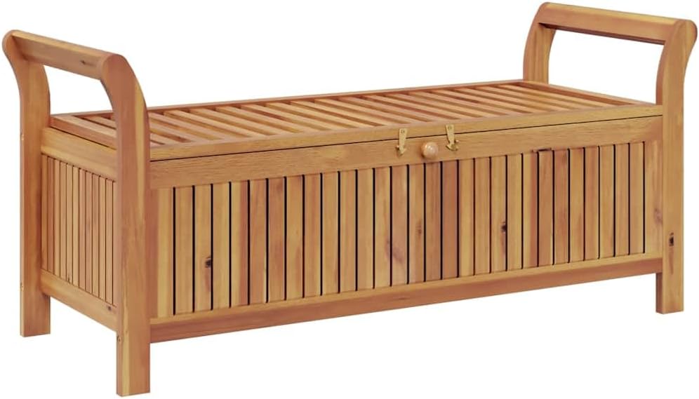 Solid Acacia Wood Patio Storage Bench with Cushion, Curved Arms, and Ample Storage Space for Garden Organization