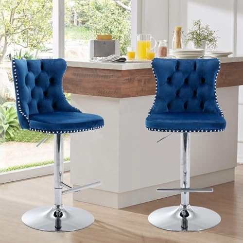 33’’ Velvet Swivel Bar Stools Set of 2 Kitchen Counter Adjustable Height Upholstered Barstools with Silver Leg and Back for Kitchen Island, Bar, Dining Room(Blue-Silver Leg,Set of 2)