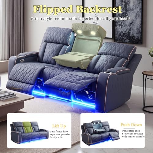 A Ainehome Sanded Leather Power Recliner Sofa Set with LED, 3 Pieces Living Room Furniture Sets, Blue Gray Reclining Sofa Sectional Couches for Living Room with USB Port/Storage Console/Cup Holders