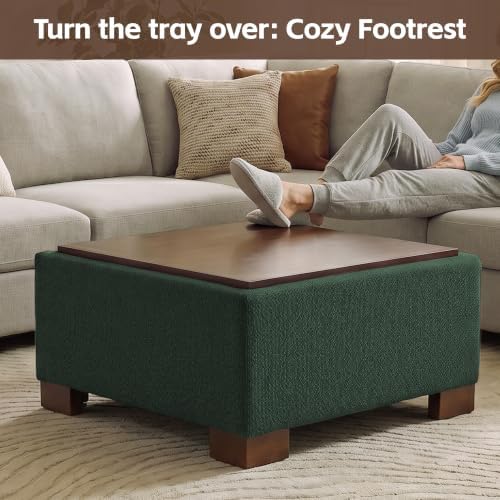 WUTUTUEE 30" Square Ottoman Coffee Table with Storage, Boucle Ottomans with Tray and Solid Wood Legs for Living Room, Bedroom and Apartments, Oversize Modern Ottoman Tea Table with Lift-Off Lid, Green
