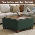 WUTUTUEE 30" Square Ottoman Coffee Table with Storage, Boucle Ottomans with Tray and Solid Wood Legs for Living Room, Bedroom and Apartments, Oversize Modern Ottoman Tea Table with Lift-Off Lid, Green