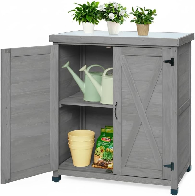 31" Weatherproof Small Storage Cabinet, Storage Cabinets with Hemlock Wood, Tool Cabinet with Magnetic Door for Patio & Garage, Gray