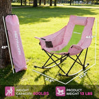 Oversized Rocking Camping Chair for Adults with Headrest, Portable Rocking Chair with Cup Holder, Side Pocket & Carry Bag, Heavy Duty Outdoor Rocker Chair for Camp, Patio, Pink